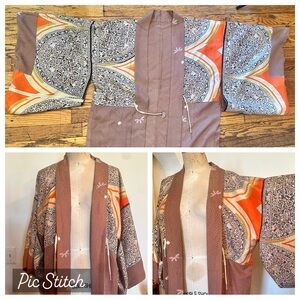 Authentic vintage Japanese silk Brown & Orange Printed Kimono Jacket